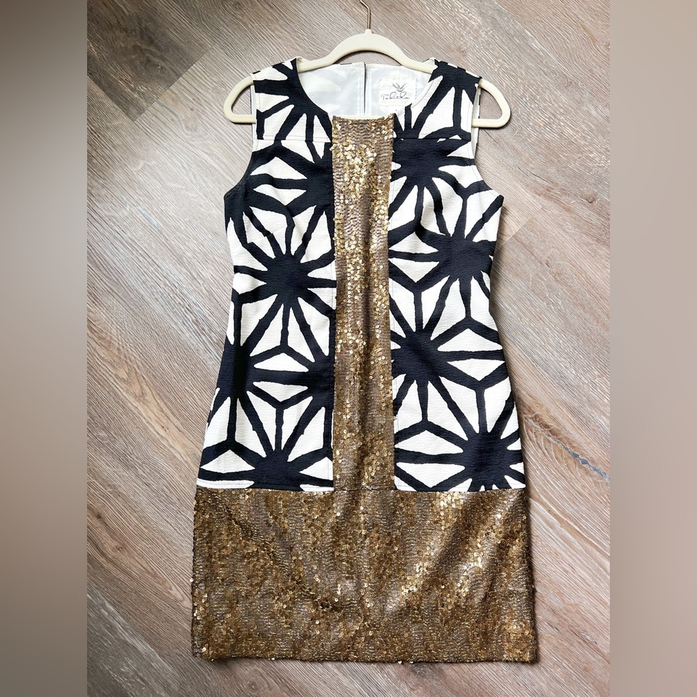 Anthropologie Tabitha Abstract Print Gold Sequin Sleeveless Shift Dress Sz 6
